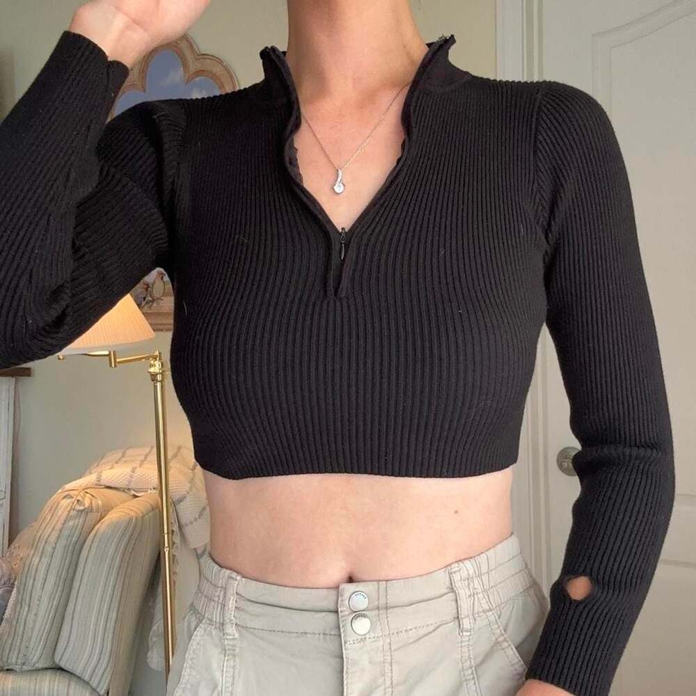 Princess Polly Black Ribbed Quarter Zip Crop Top
